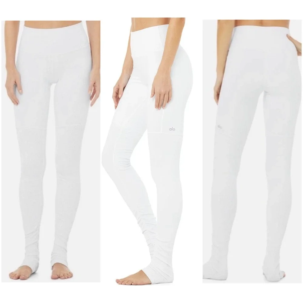 MINT! Alo Yoga Goddess Leggings Sz Small White Ribbed Knit Scrunch Clean Girl